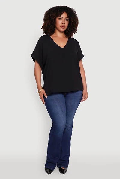 Womens Plus Size Crepe Knit Fixed Cuff Dolman Sleeve Blouse, Black, Size 1X