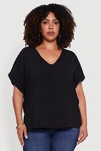 Womens Plus Size Crepe Knit Fixed Cuff Dolman Sleeve Blouse, Black, Size 1X