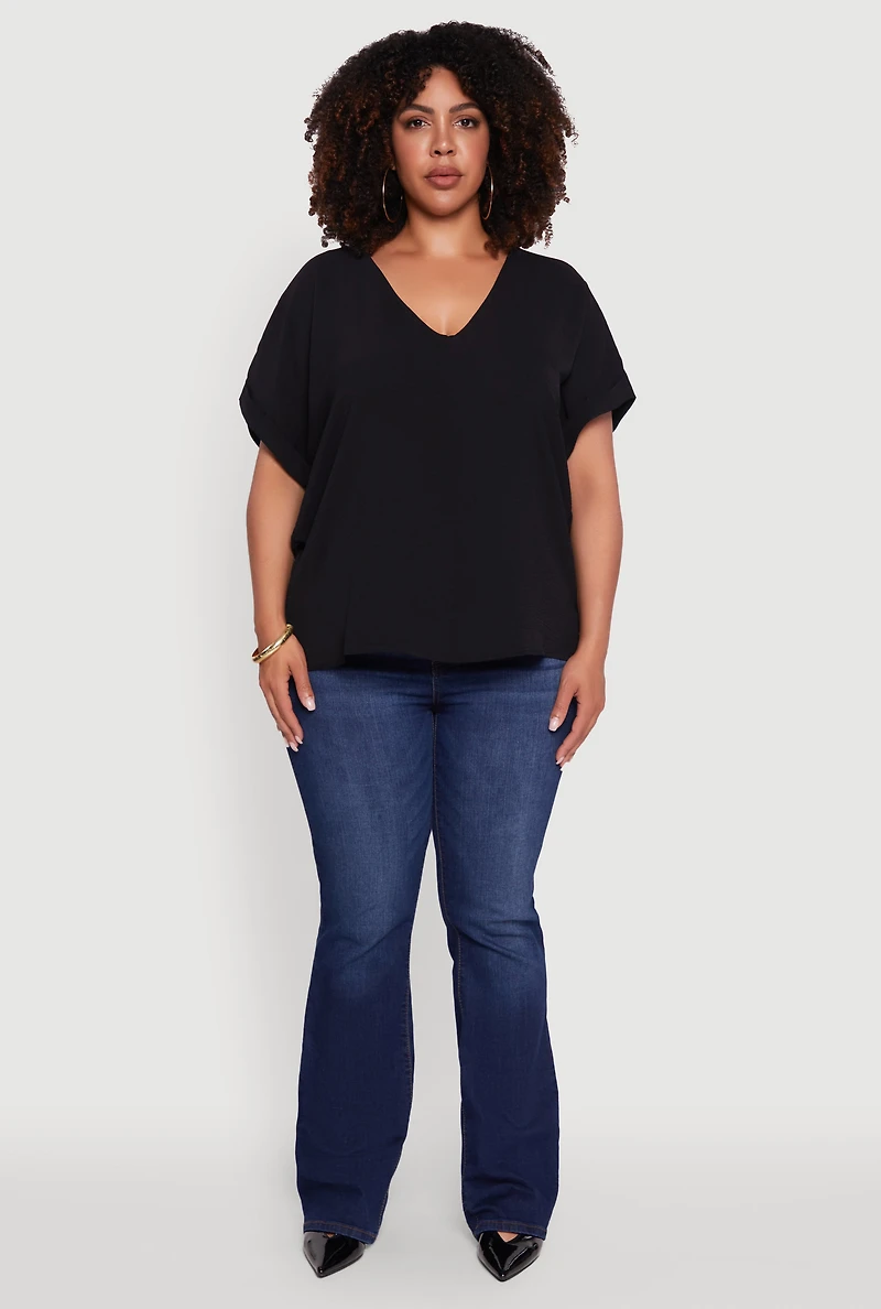 Womens Plus Size Crepe Knit Fixed Cuff Dolman Sleeve Blouse, Black, Size 1X