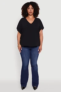 Womens Plus Size Crepe Knit Fixed Cuff Dolman Sleeve Blouse, Black, Size 1X