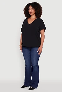 Womens Plus Size Crepe Knit Fixed Cuff Dolman Sleeve Blouse, Black, Size 1X