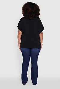 Womens Plus Size Crepe Knit Fixed Cuff Dolman Sleeve Blouse, Black, Size 1X
