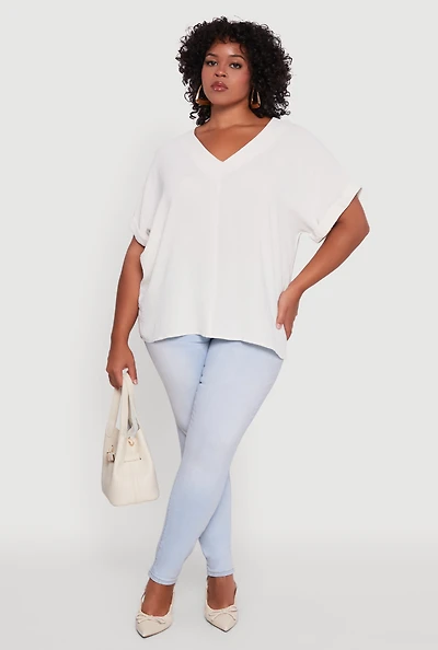 Womens Plus Size Crepe Knit Fixed Cuff Dolman Sleeve Blouse, White, Size 1X