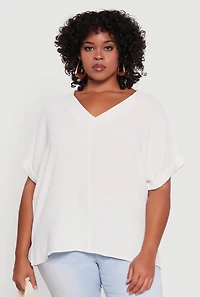 Womens Plus Size Crepe Knit Fixed Cuff Dolman Sleeve Blouse, White, Size 1X