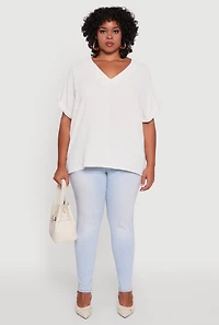 Womens Plus Size Crepe Knit Fixed Cuff Dolman Sleeve Blouse, White, Size 1X