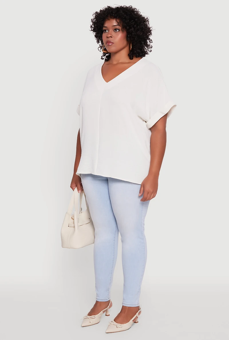Womens Plus Size Crepe Knit Fixed Cuff Dolman Sleeve Blouse, White, Size 1X