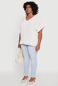 Womens Plus Size Crepe Knit Fixed Cuff Dolman Sleeve Blouse, White, Size 1X