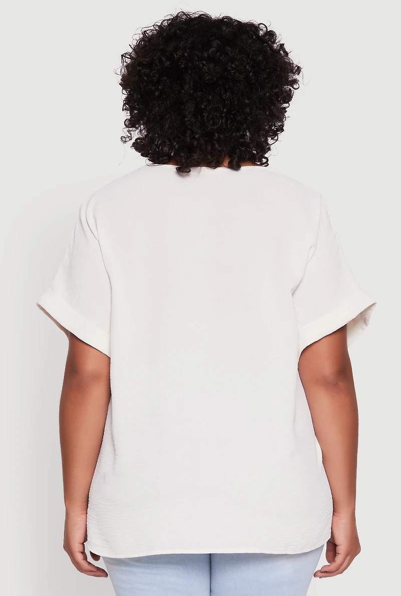 Womens Plus Size Crepe Knit Fixed Cuff Dolman Sleeve Blouse, White, Size 1X