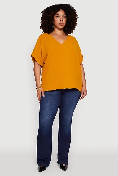 Womens Plus Size Crepe Knit Fixed Cuff Dolman Sleeve Blouse, Yellow, Size 3X