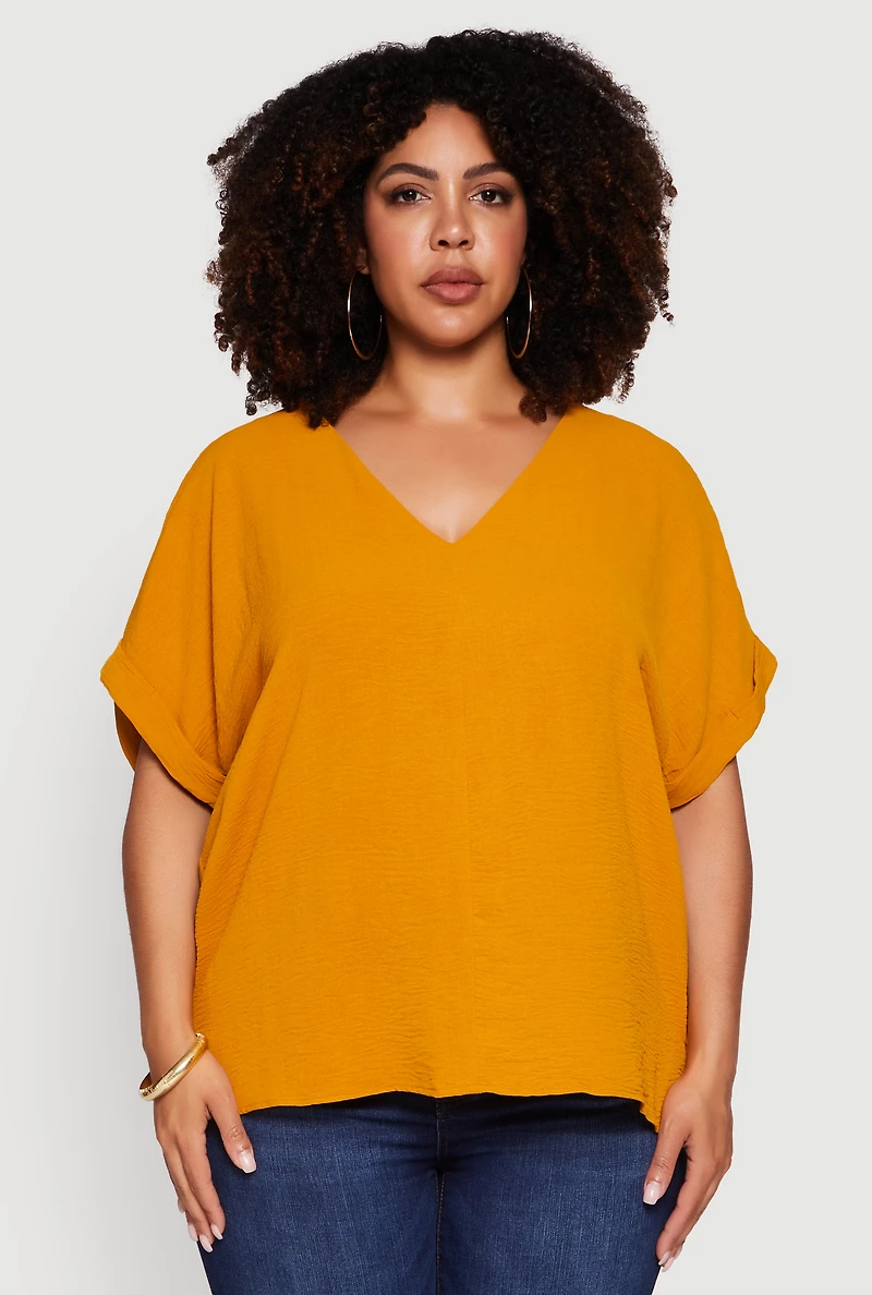Womens Plus Size Crepe Knit Fixed Cuff Dolman Sleeve Blouse, Yellow, Size 3X