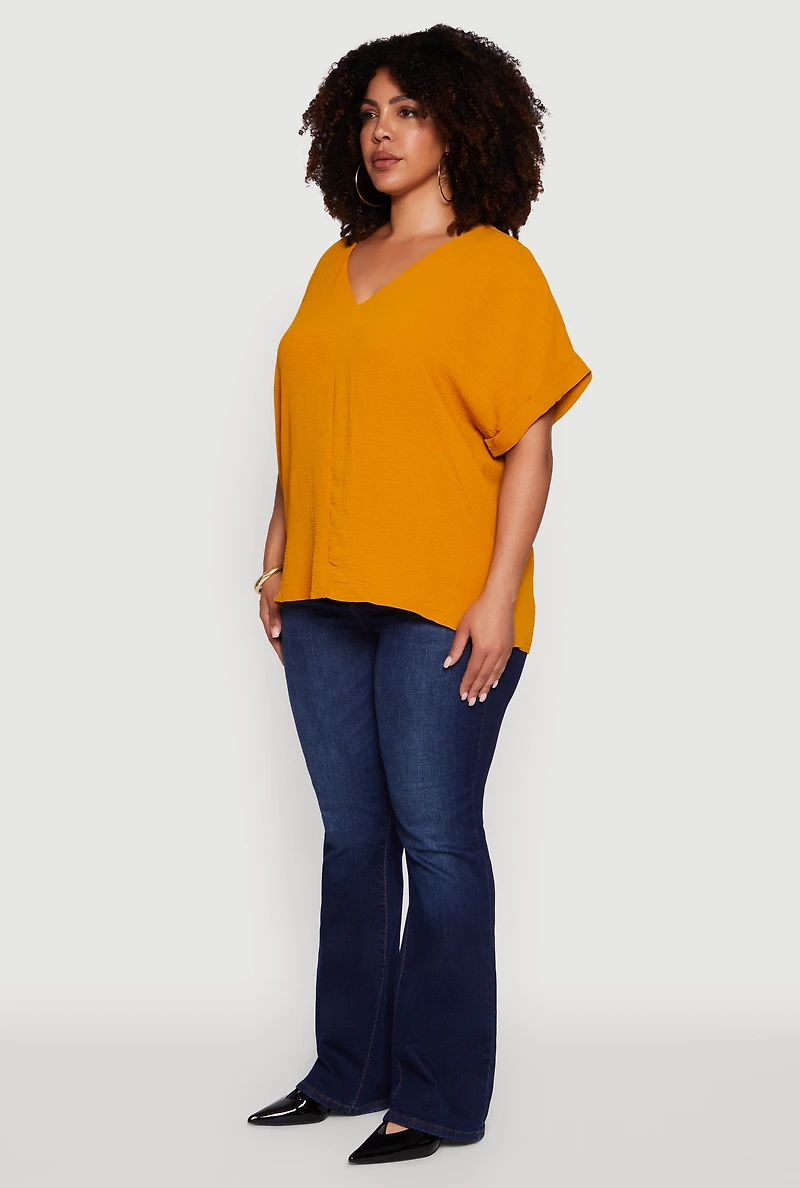 Womens Plus Size Crepe Knit Fixed Cuff Dolman Sleeve Blouse, Yellow, Size 3X