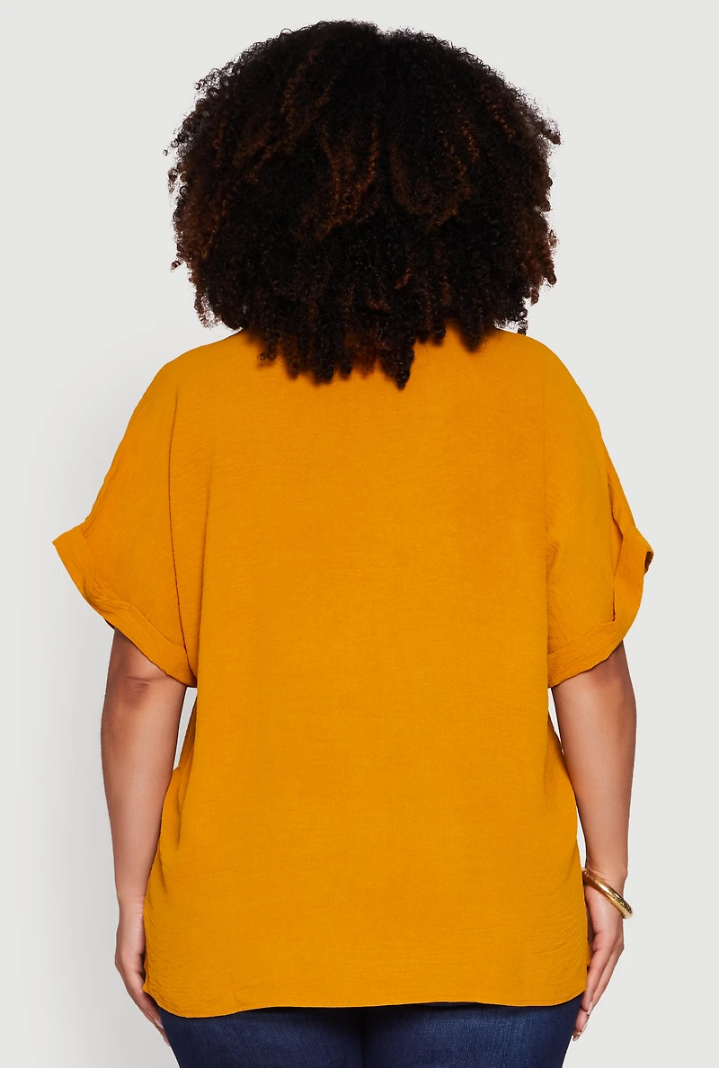Womens Plus Size Crepe Knit Fixed Cuff Dolman Sleeve Blouse, Yellow, Size 3X