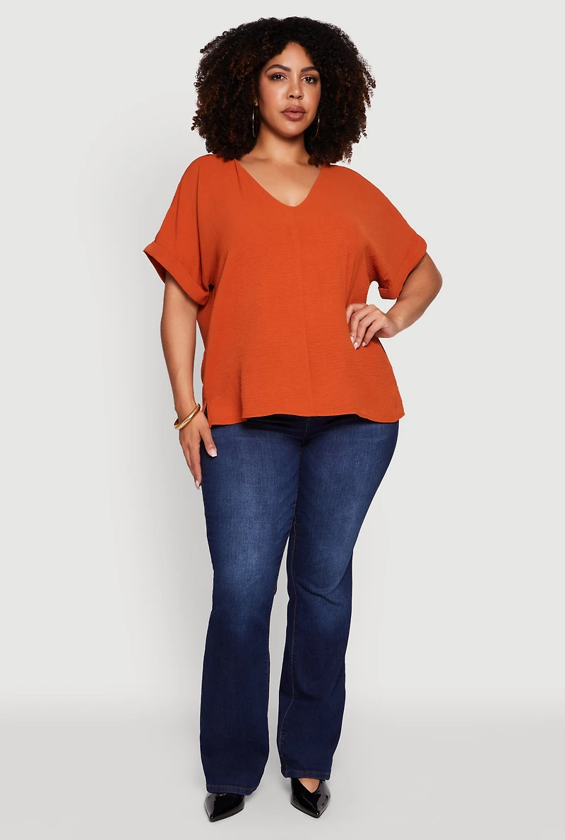 Womens Plus Crepe Knit Fixed Cuff Dolman Sleeve Blouse,
