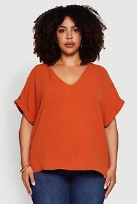 Womens Plus Crepe Knit Fixed Cuff Dolman Sleeve Blouse,