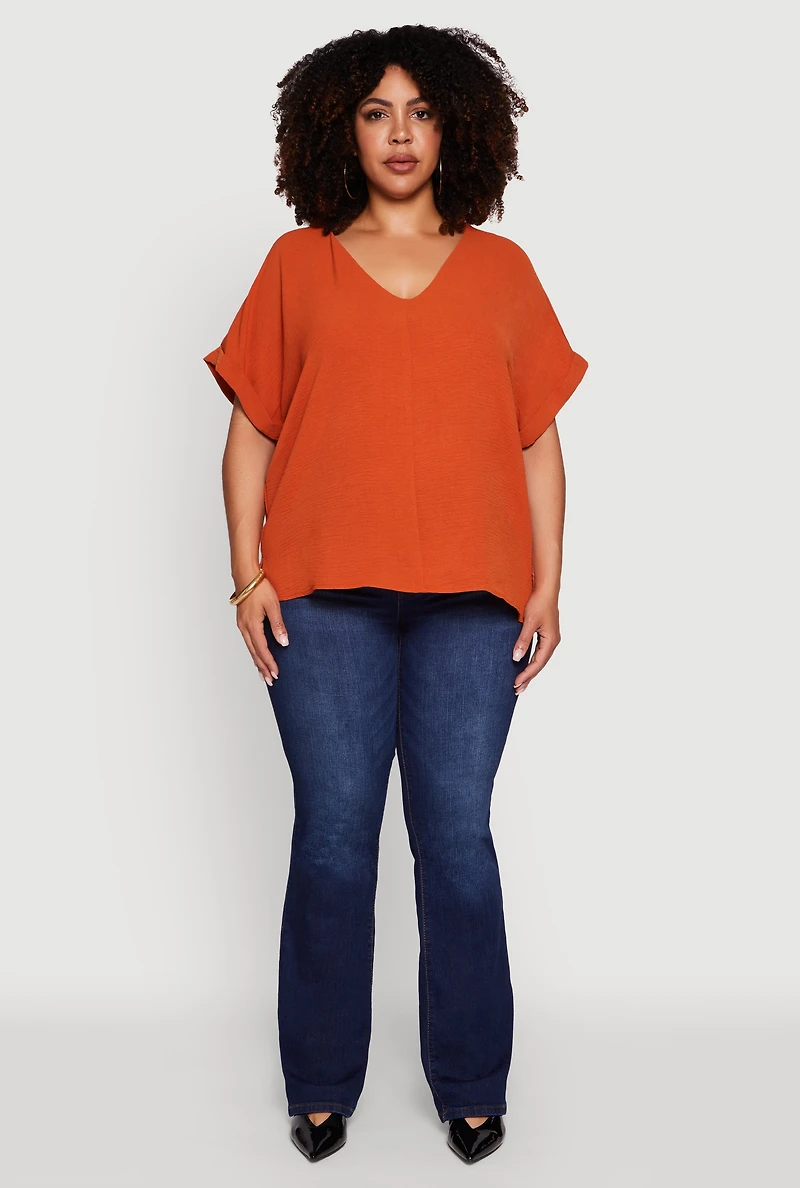 Womens Plus Crepe Knit Fixed Cuff Dolman Sleeve Blouse,