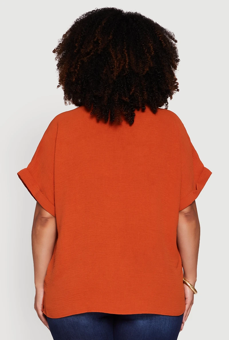 Womens Plus Crepe Knit Fixed Cuff Dolman Sleeve Blouse,