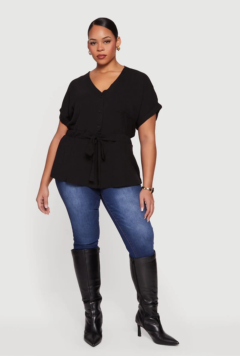 Plus Crepe Knit Half Button Front Tie Waist Top
