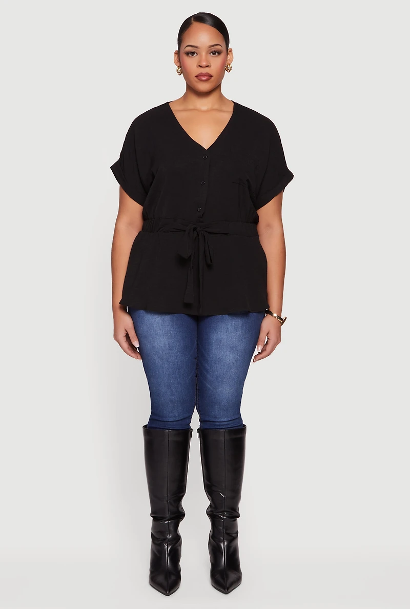 Womens Plus Crepe Knit Half Button Front Tie Waist Top,