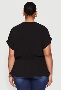 Womens Plus Crepe Knit Half Button Front Tie Waist Top,