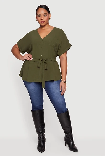 Plus Crepe Knit Half Button Front Tie Waist Top