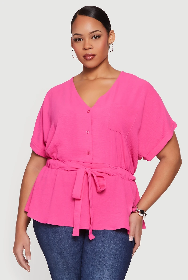 Plus Crepe Knit Half Button Front Tie Waist Top