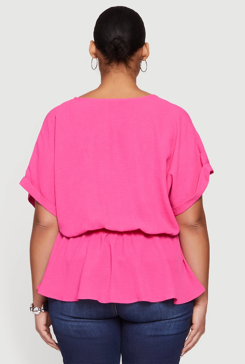 Plus Crepe Knit Half Button Front Tie Waist Top