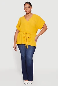 Plus Crepe Knit Half Button Front Tie Waist Top
