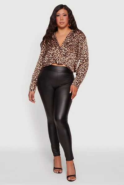 Plus Satin Leopard Print Faux Wrap Crop Blouse