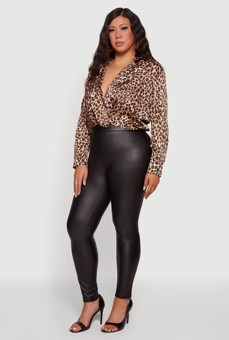 Plus Satin Leopard Print Faux Wrap Crop Blouse
