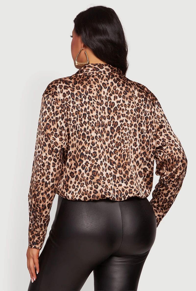 Plus Satin Leopard Print Faux Wrap Crop Blouse
