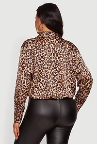 Plus Satin Leopard Print Faux Wrap Crop Blouse