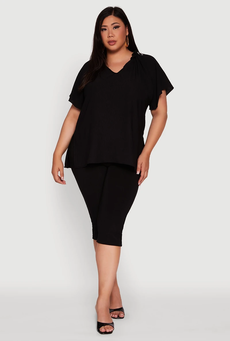 Plus Flutter Sleeve Side Slit V Neck Blouse