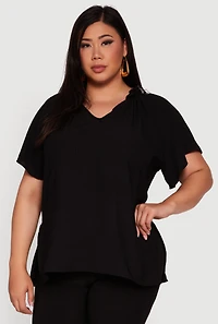 Womens Plus Flutter Sleeve Side Slit V Neck Blouse, 1X