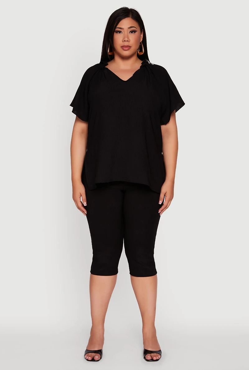 Womens Plus Flutter Sleeve Side Slit V Neck Blouse, 1X