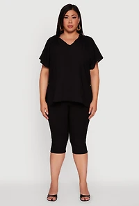Womens Plus Flutter Sleeve Side Slit V Neck Blouse, 1X
