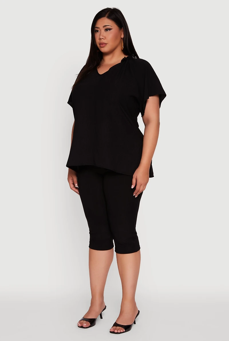 Womens Plus Flutter Sleeve Side Slit V Neck Blouse, 1X