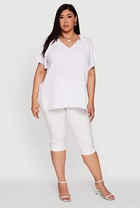 Womens Plus Size Flutter Sleeve Side Slit V Neck Blouse, White, Size 2X