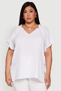 Womens Plus Size Flutter Sleeve Side Slit V Neck Blouse, White, Size 2X
