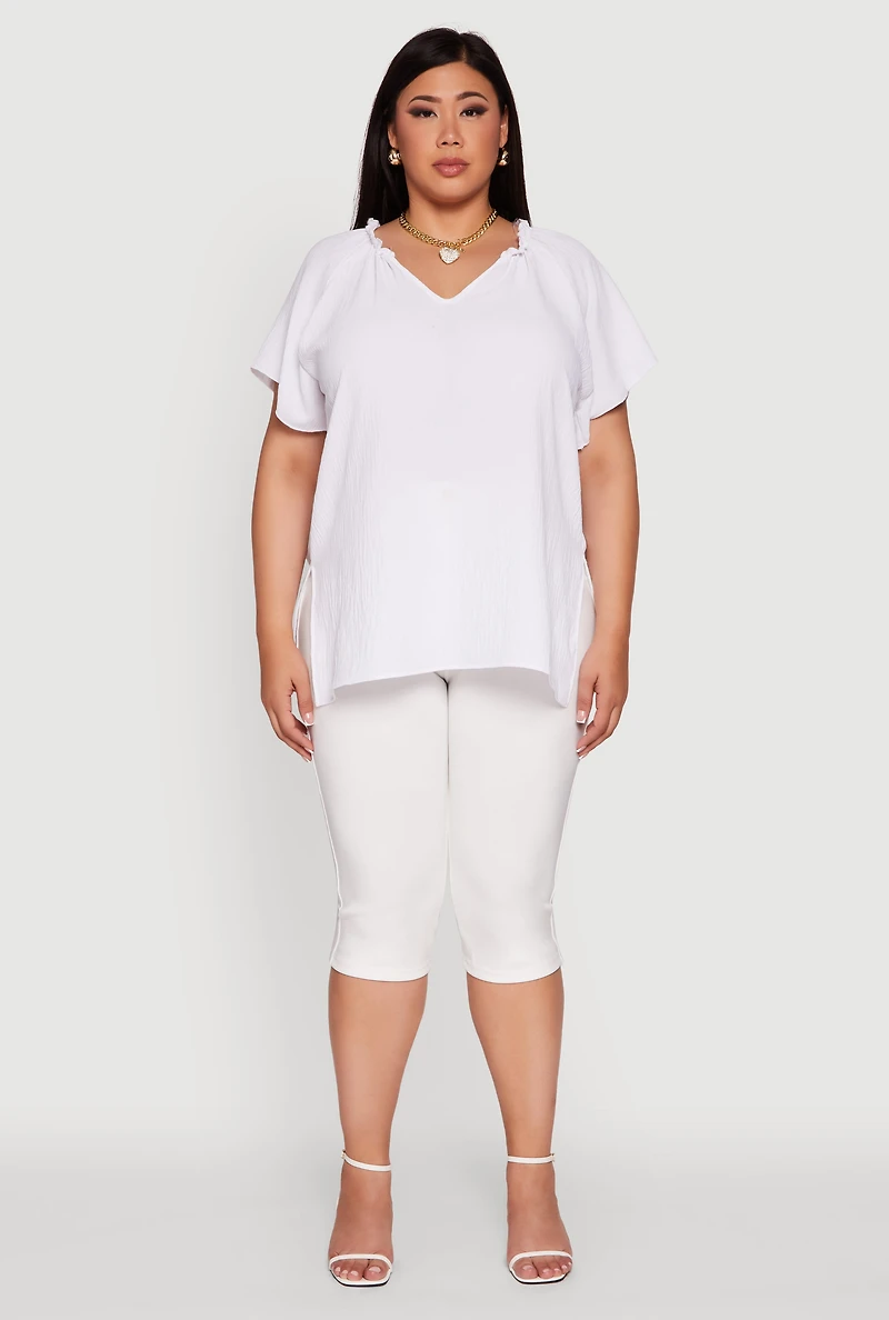 Womens Plus Size Flutter Sleeve Side Slit V Neck Blouse, White, Size 2X