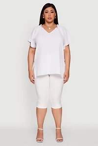 Womens Plus Size Flutter Sleeve Side Slit V Neck Blouse, White, Size 2X