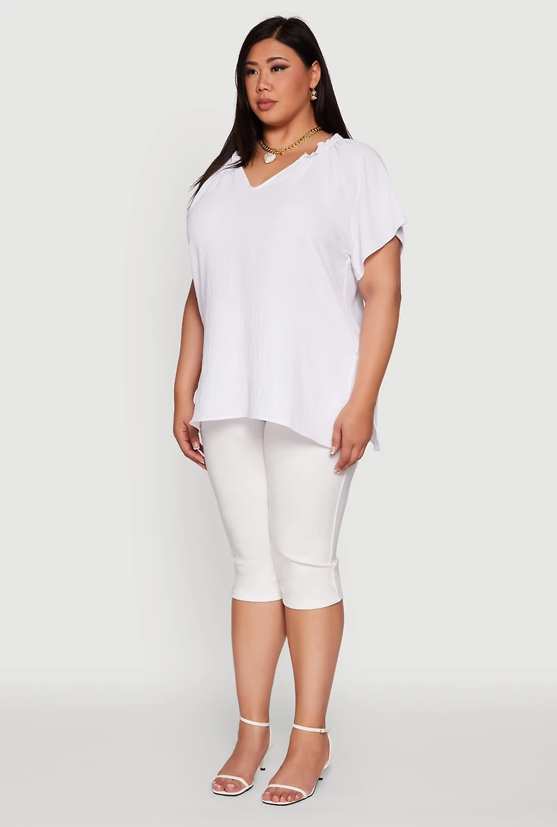 Womens Plus Size Flutter Sleeve Side Slit V Neck Blouse, White, Size 2X