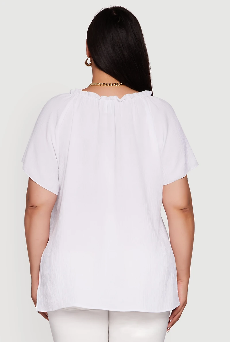 Womens Plus Size Flutter Sleeve Side Slit V Neck Blouse, White, Size 2X