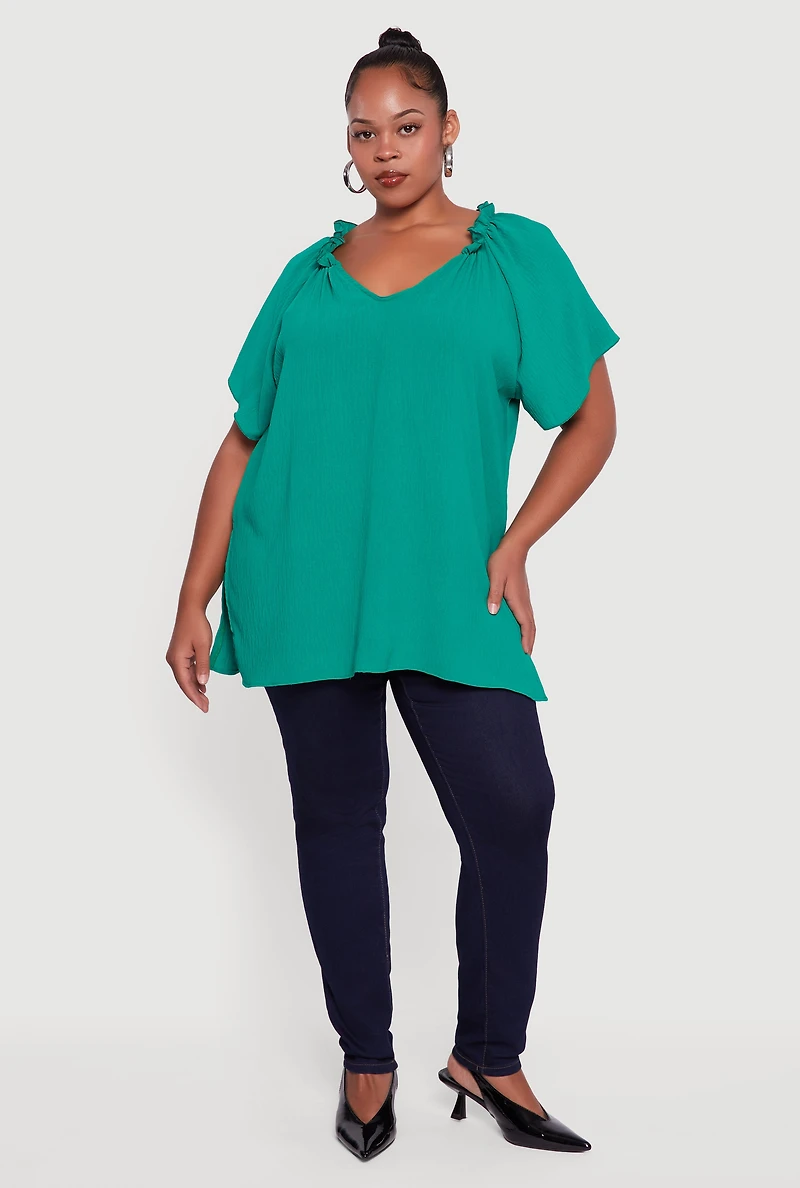 Plus Flutter Sleeve Side Slit V Neck Blouse