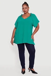 Plus Flutter Sleeve Side Slit V Neck Blouse