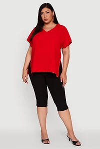 Womens Plus Size Flutter Sleeve Side Slit V Neck Blouse, Red, Size 2X