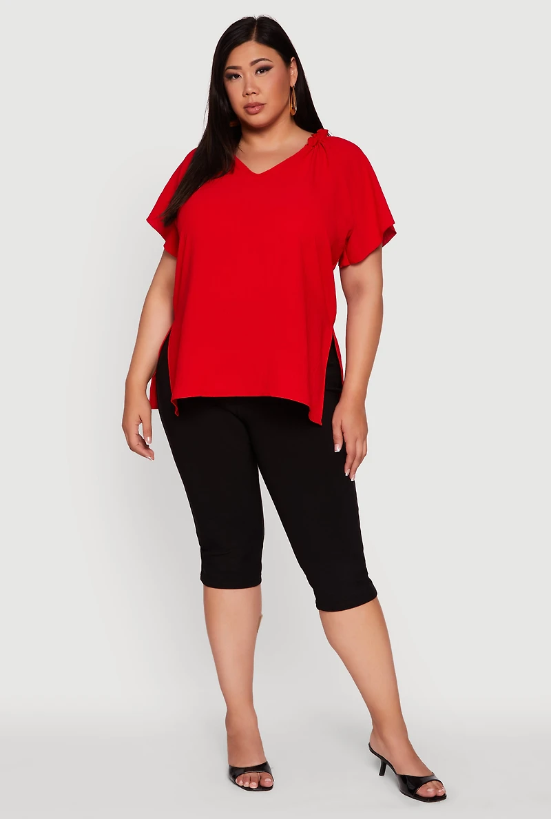 Plus Flutter Sleeve Side Slit V Neck Blouse