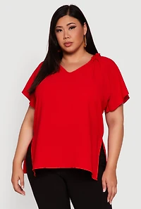 Womens Plus Size Flutter Sleeve Side Slit V Neck Blouse, Red, Size 2X