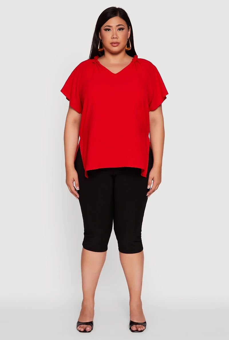 Womens Plus Size Flutter Sleeve Side Slit V Neck Blouse, Red, Size 2X