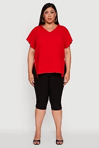 Womens Plus Size Flutter Sleeve Side Slit V Neck Blouse, Red, Size 2X