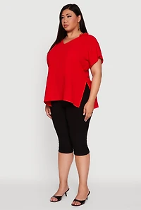 Womens Plus Size Flutter Sleeve Side Slit V Neck Blouse, Red, Size 2X
